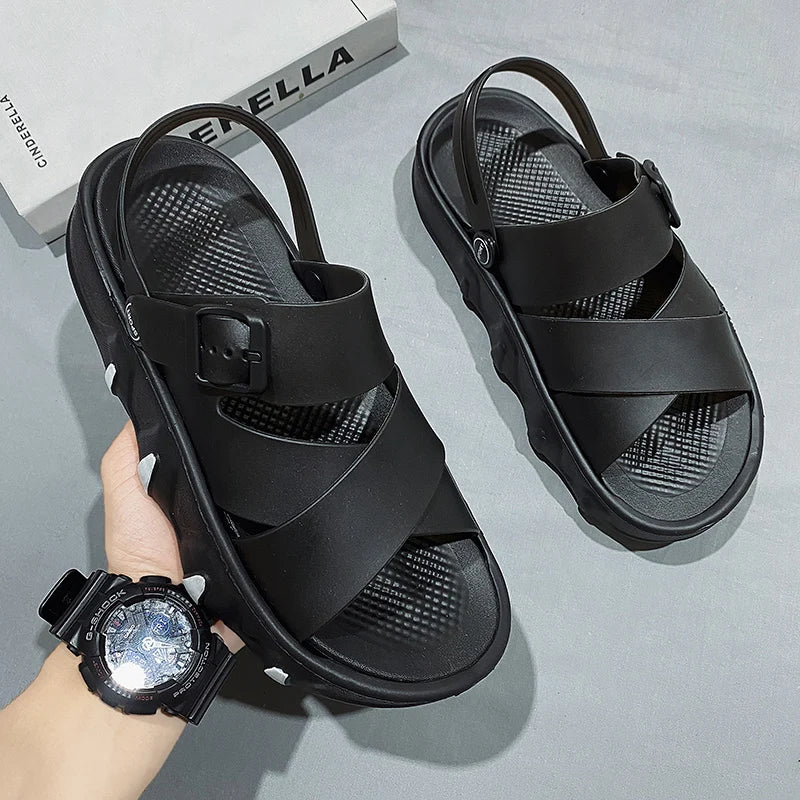 YISHEN Men Sandals Casual Shoes New Trend Stylish Gladiator Sandals Open Toe Platform Outdoor Beach Sandals Chunky Shoes Black