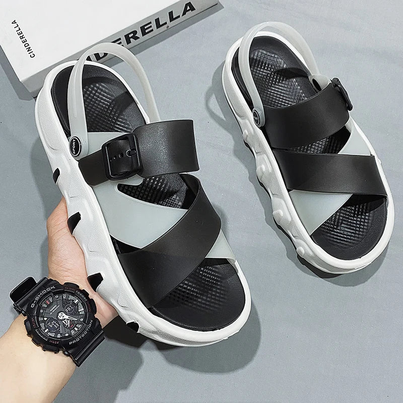 YISHEN Men Sandals Casual Shoes New Trend Stylish Gladiator Sandals Open Toe Platform Outdoor Beach Sandals Chunky Shoes Black